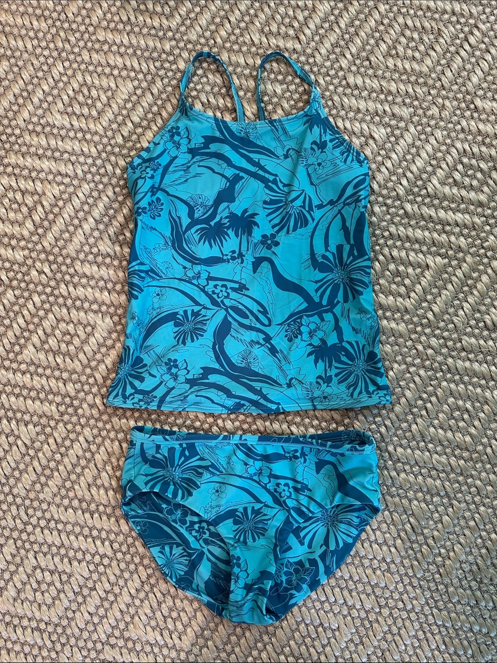 Athleta Girls Teal & Navy Floral Tankini Set